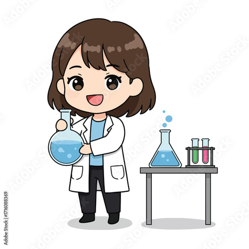 Cute Female Scientist Cartoon Character in Laboratory.