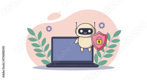 Cute Robot with Shield Protecting Laptop Computer.