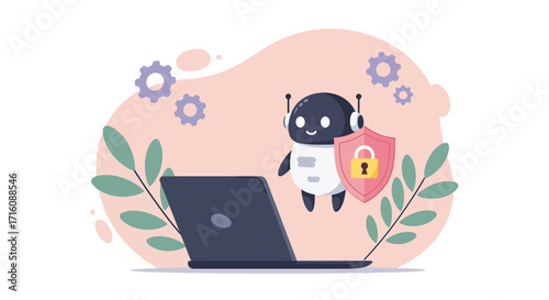 Cute Robot Protecting Laptop with Shield.