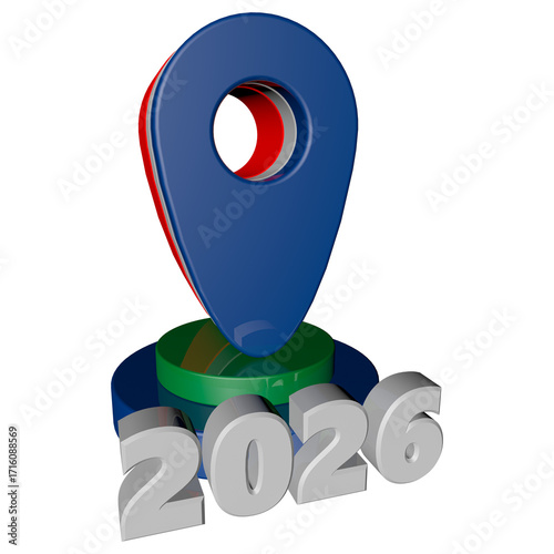 Blue location pin icon with the year 2026 in 3d on a black background