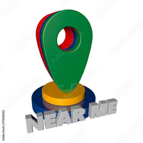 3d location pin icon with near me text on black background