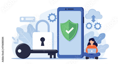 Cybersecurity concept with secure mobile phone and data protection.