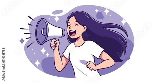 Enthusiastic young woman shouting into a megaphone illustration.