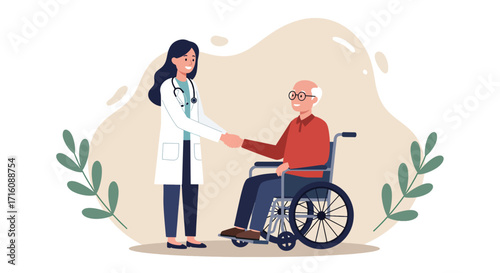 Female Doctor Assisting Elderly Man in Wheelchair.