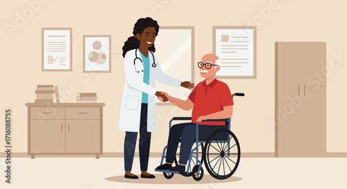 Female Doctor Caring for Elderly Patient in Wheelchair.
