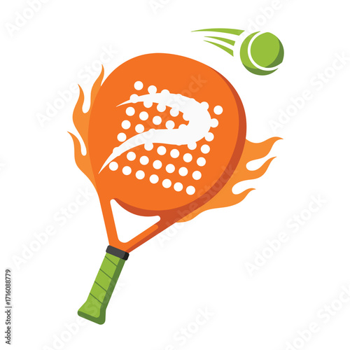 Flaming orange padel racket hitting a ball.
