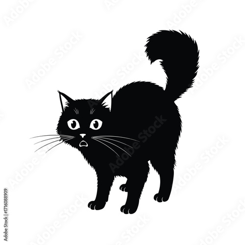 Frightened black cat with arched back and bushy tail.