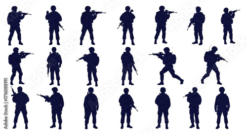 Dark Blue Military Soldier Silhouettes Collection – Tactical Army Men with Weapons