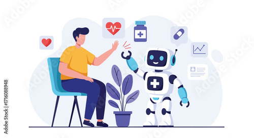 Futuristic Robot Assisting Patient with Healthcare Technology.