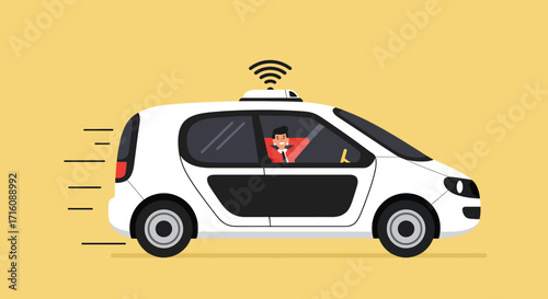 Futuristic selfdriving autonomous car with a passenger relaxing inside.