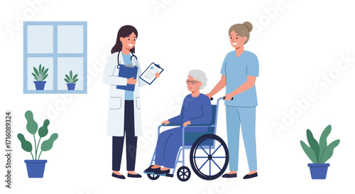 Healthcare professionals caring for an elderly woman in a wheelchair.