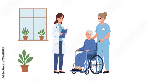 Healthcare Professionals Caring for Senior Woman in Wheelchair.