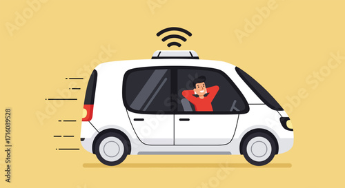 Man relaxing in a futuristic selfdriving autonomous car.