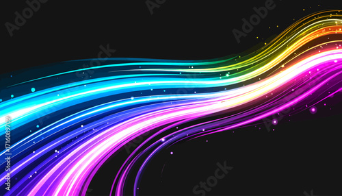 Vibrant Rainbow Light Streaks on Black Background.
