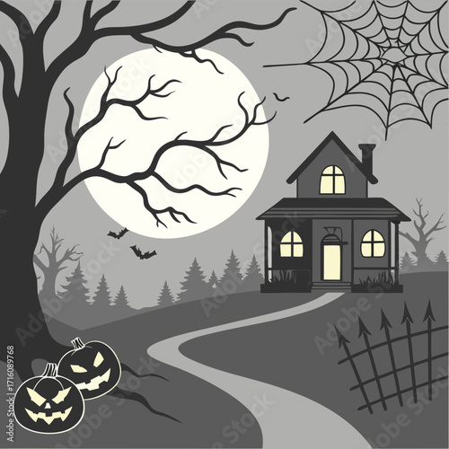 Haunted house with glowing windows and carved pumpkins under a full moon. Spooky Halloween night scene for holiday background.