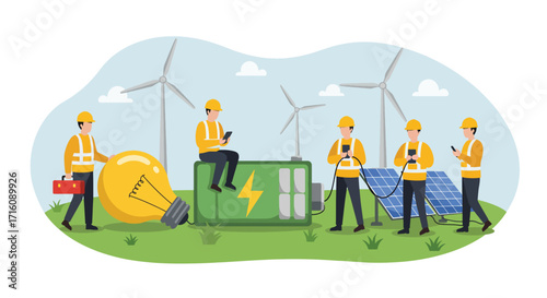 Renewable energy industry workers with solar panels and wind power.