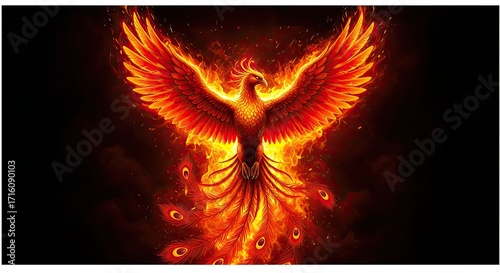 Fiery Bird Rising with Orange Wings and Feathers Against Dark Background