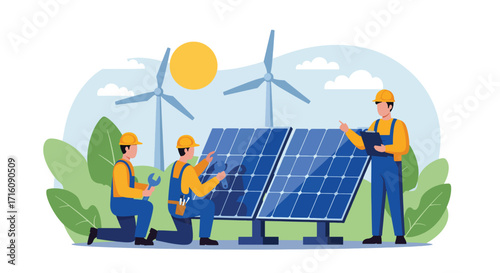 Team of workers installing solar panels and wind turbines.