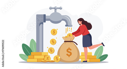 Woman collecting gold coins from a money faucet.