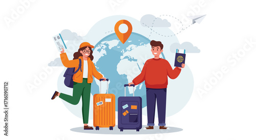 Young tourist couple traveling around the world.