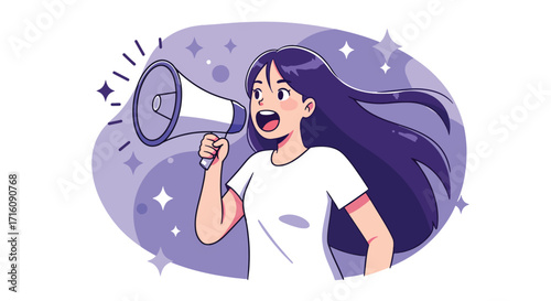 Young woman with a megaphone making a loud announcement.