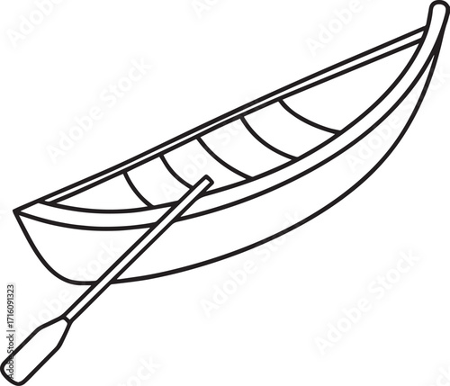 Simple outline drawing of a canoe with a paddle outline vector illustration