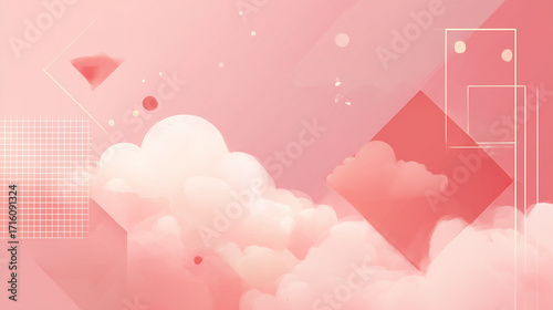 Dreamscape of Abstract Clouds and Shapes: A captivating digital artwork of a dreamy composition of fluffy clouds and geometric shapes dancing in a pastel pink atmosphere.