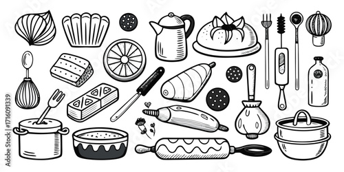 Baking essentials collection a line drawing of assorted kitchen tools and baking supplies