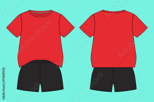 Baby Boys Short Sleeve Crew Neck T-shirt with Shorts Set Fashion Flat Sketch Outline Template.