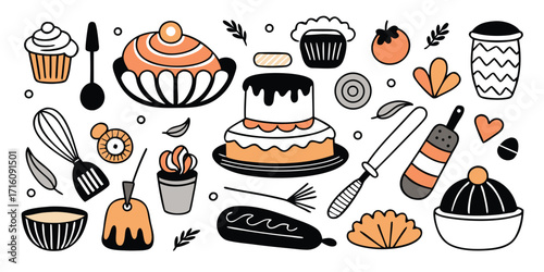 Baking essentials collection fun hand-drawn style delicious pastries and kitchen tools
