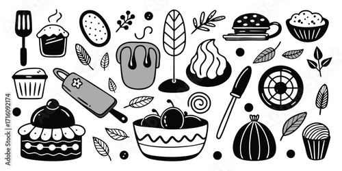 Hand-drawn baking essentials collection featuring cakes cupcakes rolling pin and utensils