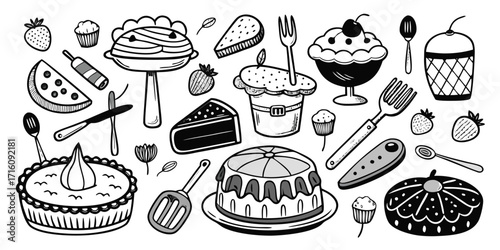 Delicious hand-drawn desserts and baking essentials collection for culinary inspiration