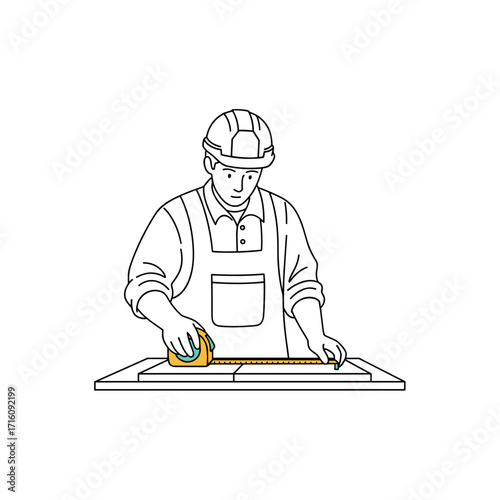 Builder measuring tile size with a tape measure for precise installation
