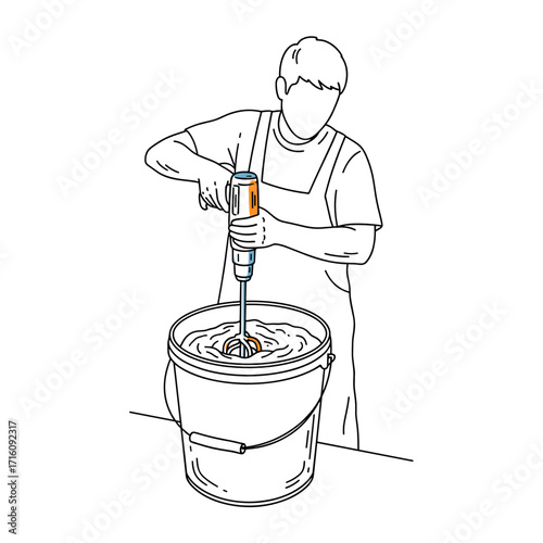 Construction worker using a mixer to prepare a mixture in a bucket