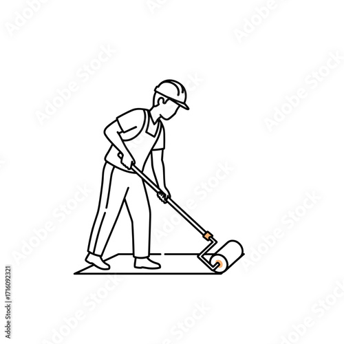 Construction worker rolling out linoleum flooring with a roller