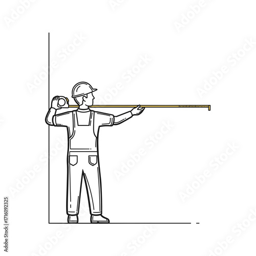 Construction worker measuring a wall with a tape measure for precision