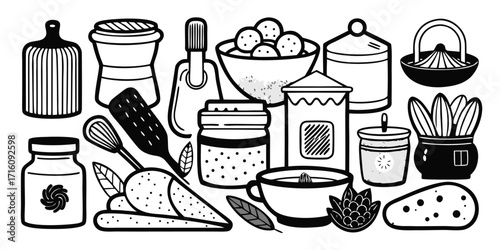 Hand-drawn collection of baking essentials and kitchen ingredients for culinary creations and recipes