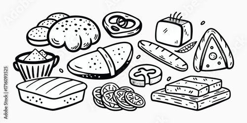 Drawn baking essentials collection bread pastries cheese and sliced ingredients art