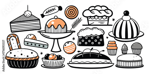 Collection of hand-drawn baking essentials pastries cakes and muffins artistic style