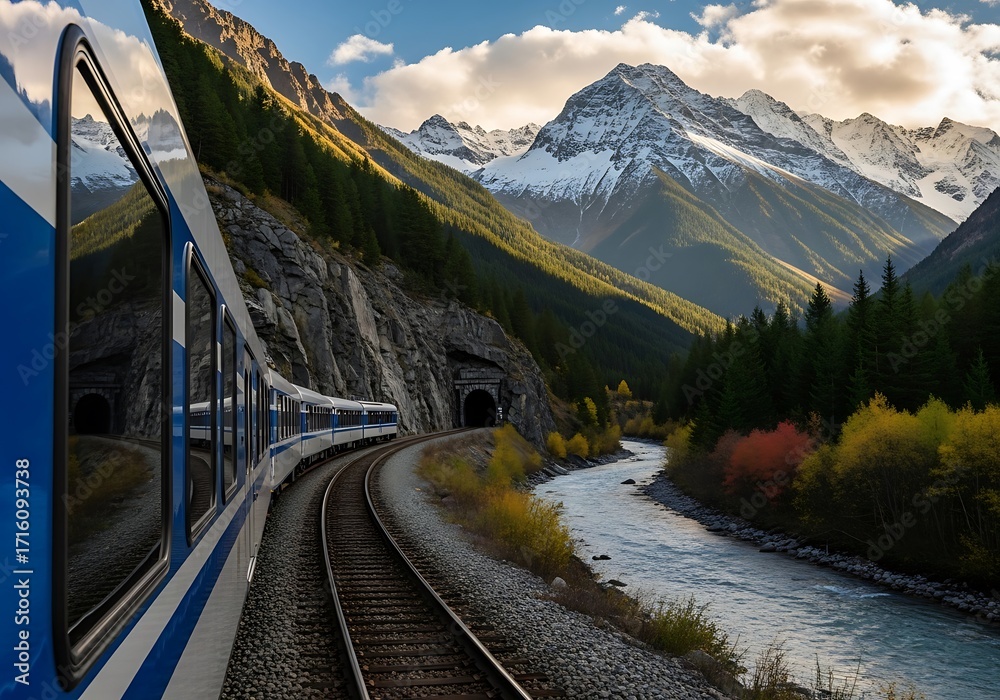 Fototapeta premium Scenic train journey through majestic mountains in autumn landscape