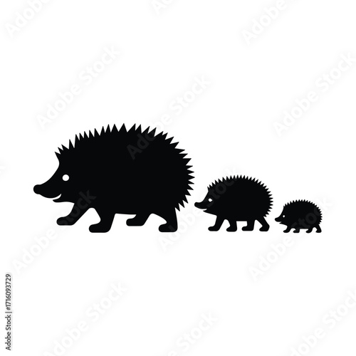 Silhouette of a Hedgehog Family Walking Together in Simple Black and White Graphic Style