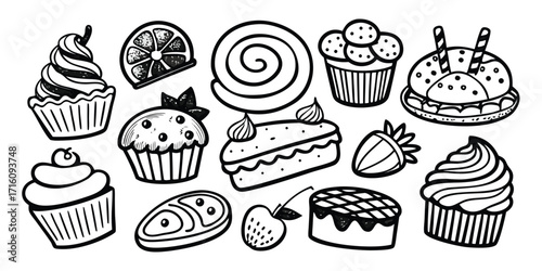 Delicious desserts collection hand-drawn baked goods cupcakes cakes pastries sweet treats