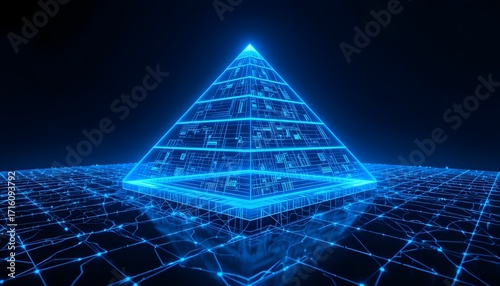 Futuristic glowing blue pyramid on a grid, representing technology, data, and artificial intelligence