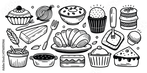 Baking essentials collection delicious treats and tools hand drawn sketch artistic rendering