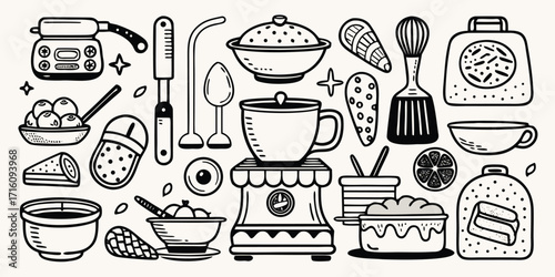 Hand drawn baking essentials collection kitchen utensils cooking tools and desserts artistic line art