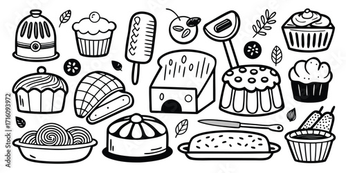Doodle collection of baking essentials and desserts delicious treats for your kitchen