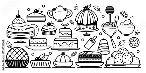 Delicious desserts and baking essentials collection artistic line art rendering