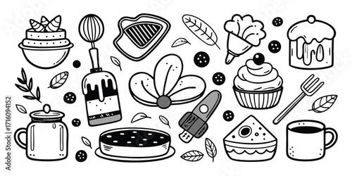 Delightful baking essentials collection hand-drawn sketch of sweet treats and tools