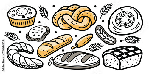 Delicious variety of baked goods bread pastries and cakes hand drawn art collection