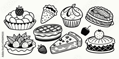 Collection of hand drawn desserts including pies cakes cupcakes and fruit tarts